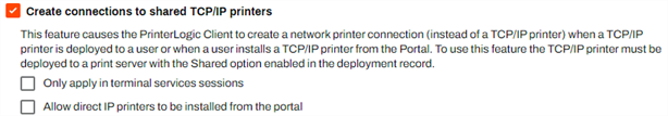 Create connections to shared TCP/IP printers settings