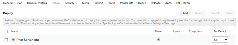 Printer Deploy tab