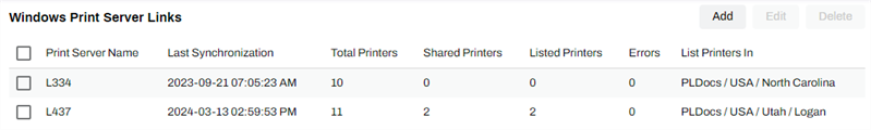 Windows Print Server Links page