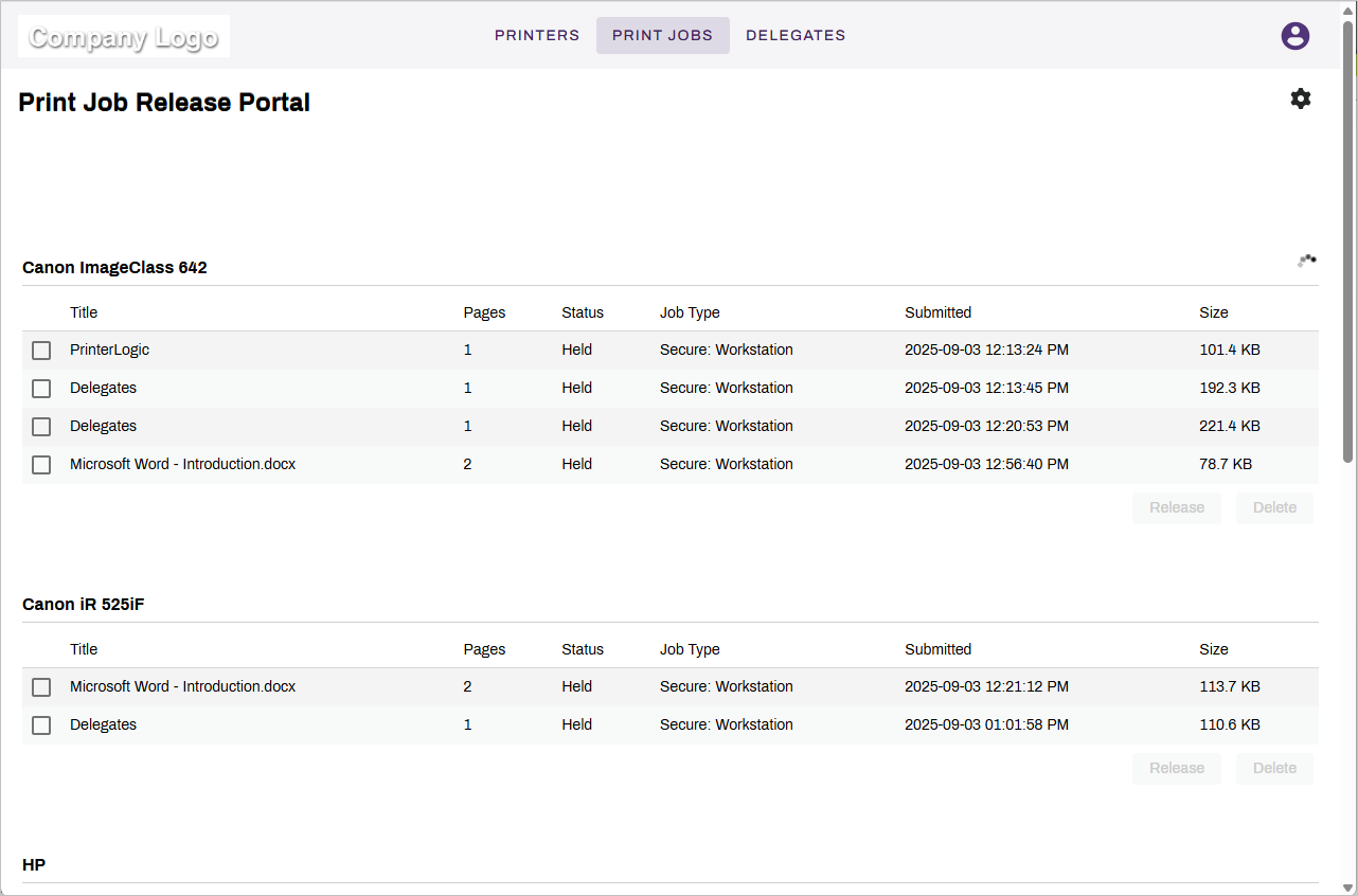 Self-service Portal Print Jobs tab showing various held print jobs. Self-service Portal Print Jobs tab showing various held print jobs.