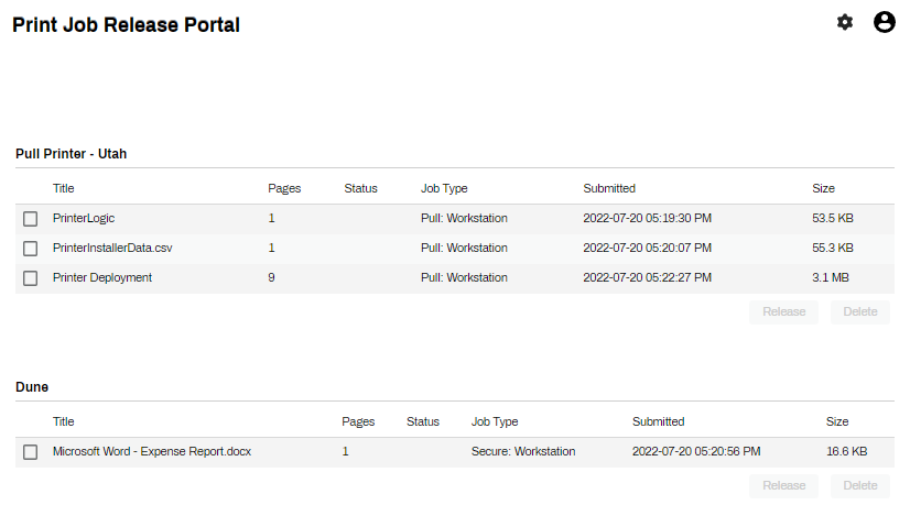 Release portal with pull print and secure print jobs