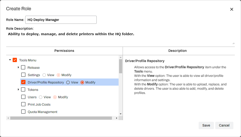 Create Role modal showing Role Name and Role Description fields and Permissions column. Create Role modal showing Role Name and Role Description fields and Permissions column.