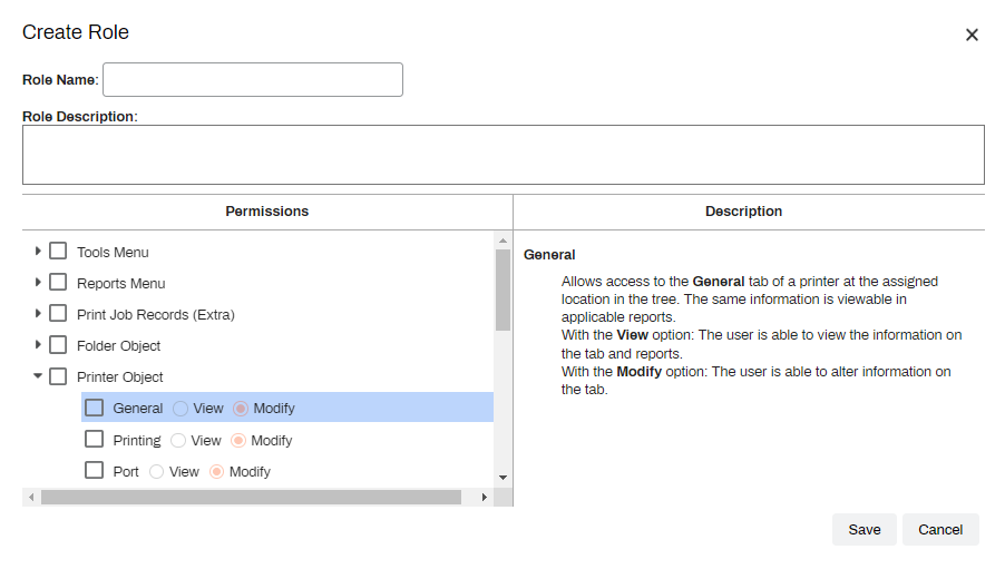 Create Role modal showing Role Name and Role Description fields and Permissions column. Create Role modal showing Role Name and Role Description fields and Permissions column.