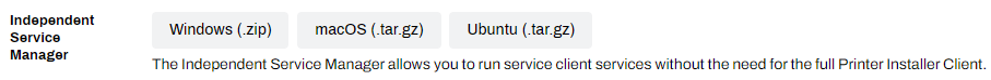 Admin Console showing Independent Service Manager section and download buttons. Admin Console showing Independent Service Manager section and download buttons.