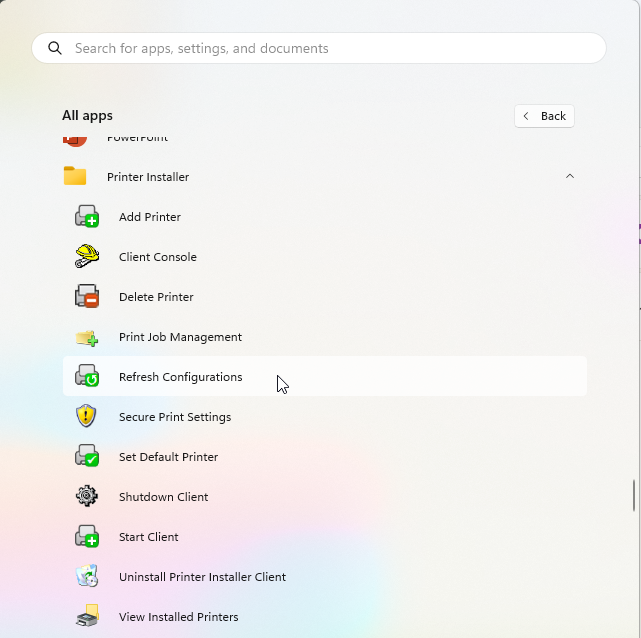 Start menu showing Refresh Configurations app. Start menu showing Refresh Configurations app.
