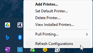 System tray showing expanded context menu and Refresh Configurations option. System tray showing expanded context menu and Refresh Configurations option.