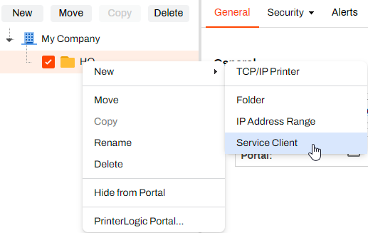 Admin Console showing context menu with New and Service Client options. Admin Console showing context menu with New and Service Client options.