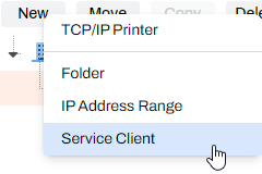Admin Console showing New button and Service Client option. Admin Console showing New button and Service Client option.