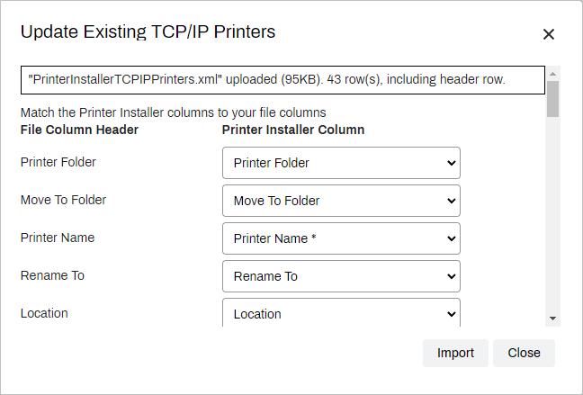Data Manager showing Update Existing TCP/IP Printers and File Column Header and Printer Installer Column sections. Data Manager showing Update Existing TCP/IP Printers and File Column Header and Printer Installer Column sections.