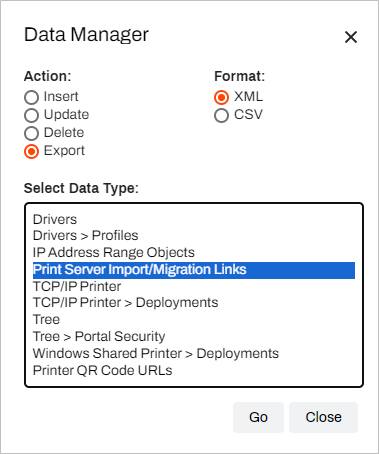 Data Manager showing Export option. Data Manager showing Export option.