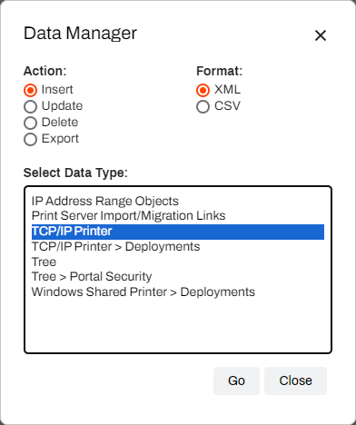 Data Manager showing Insert option. Data Manager showing Insert option.