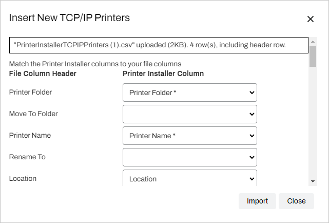 Data Manager showing Insert New TCP/IP Printers and File Column Header and Printer Installer Column sections. Data Manager showing Insert New TCP/IP Printers and File Column Header and Printer Installer Column sections.