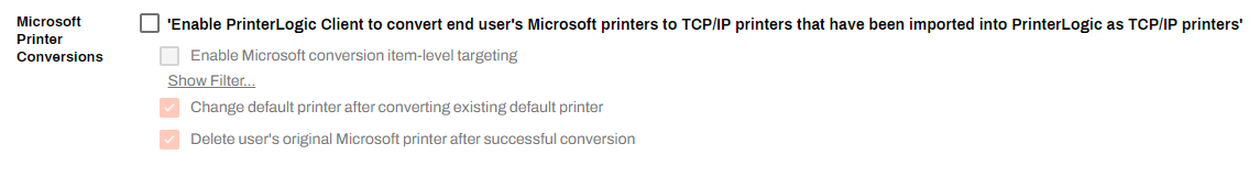 Admin Console showing Client Settings and Microsoft Printer Conversions section. Admin Console showing Client Settings and Microsoft Printer Conversions section.