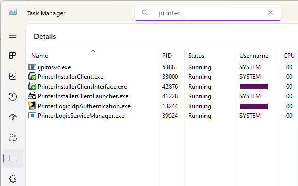 Task Manager showing Details tab and PrinterLogicServiceManager.exe running. Task Manager showing Details tab and PrinterLogicServiceManager.exe running.