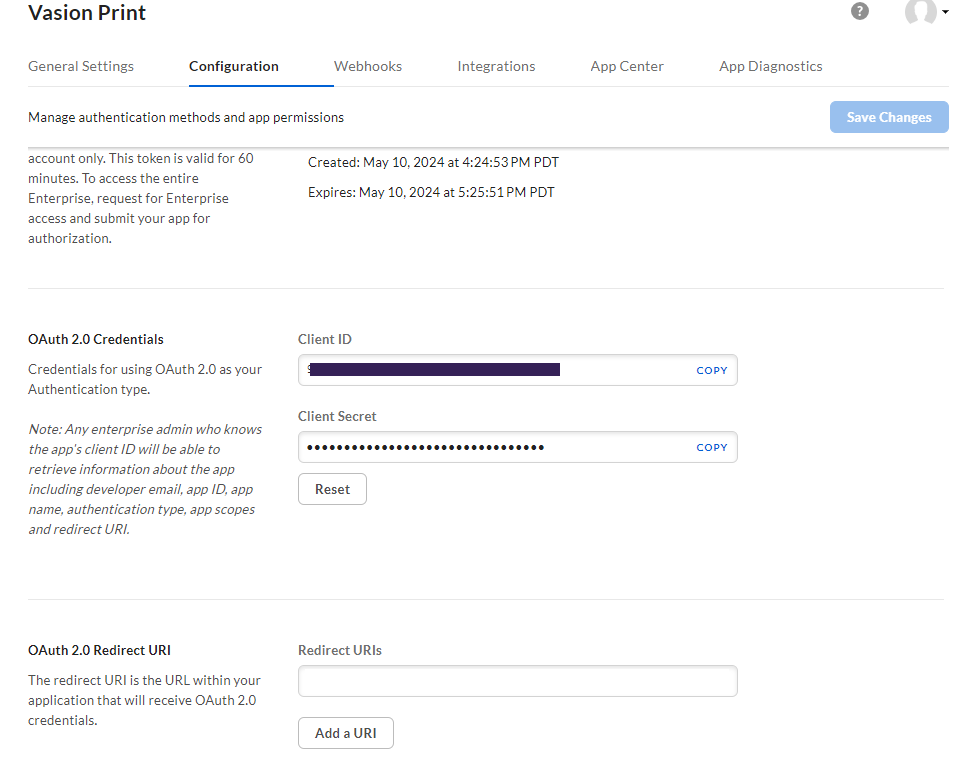 Box showing app's Configuration tab. Box showing app's Configuration tab.