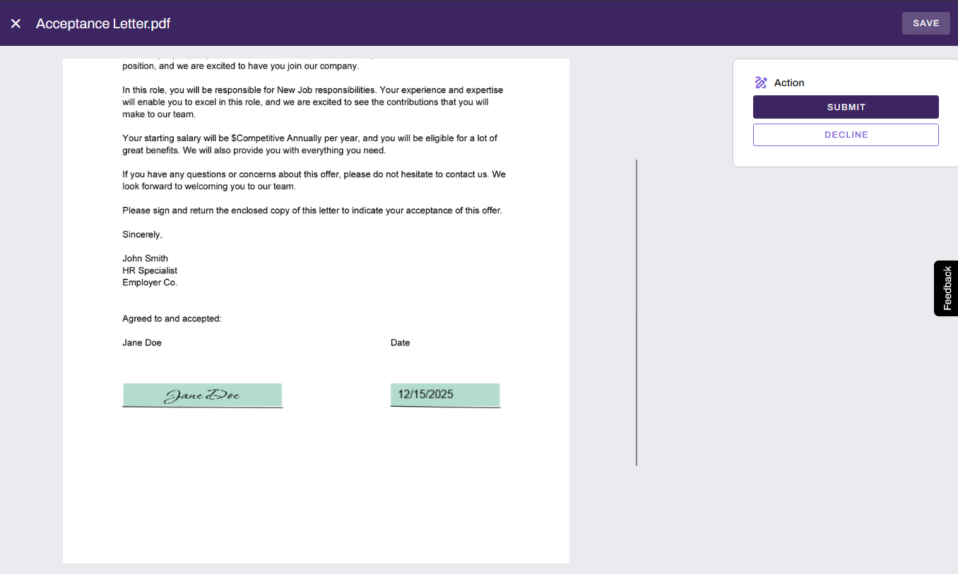 Completed document showing Save, Submit, and Decline buttons. Completed document showing Save, Submit, and Decline buttons.