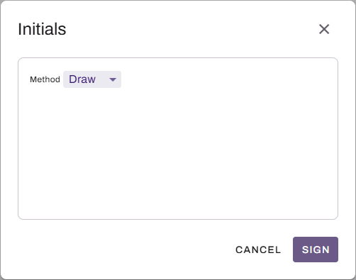 Initials modal showing Draw tab. Initials modal showing Draw tab.