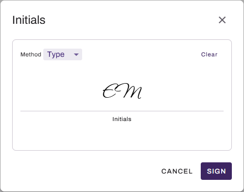 Initials modal showing Type tab with Clear button. Initials modal showing Type tab with Clear button.