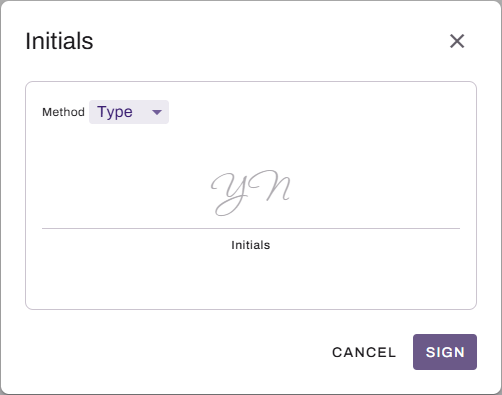 Initials modal showing Type tab. Initials modal showing Type tab.