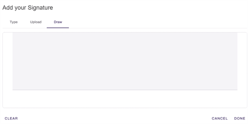 "Add your Signature" modal showing Draw tab. "Add your Signature" modal showing Draw tab.