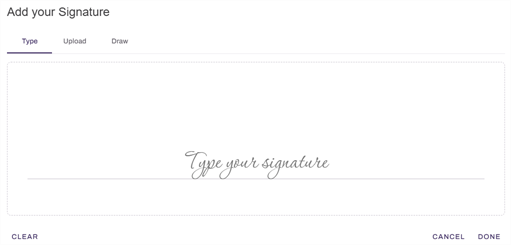 "Add your Signature" modal showing Type tab. "Add your Signature" modal showing Type tab.