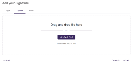 "Add your Signature" modal showing Upload tab. "Add your Signature" modal showing Upload tab.