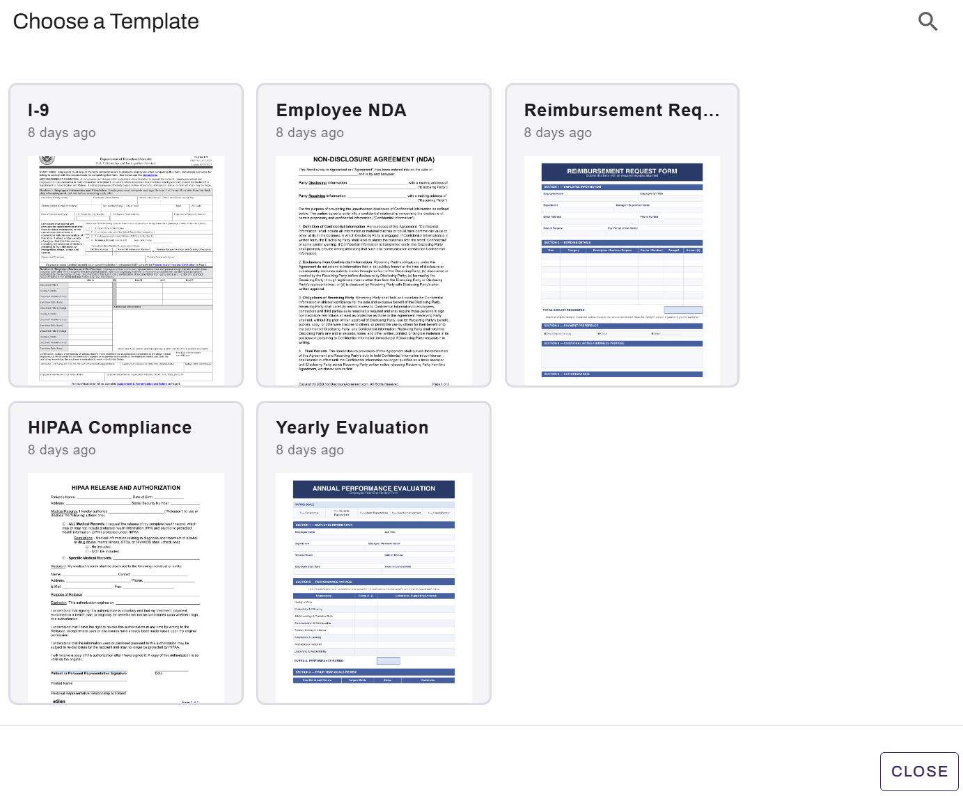 Sign showing "Choose a Template" modal. Sign showing "Choose a Template" modal.