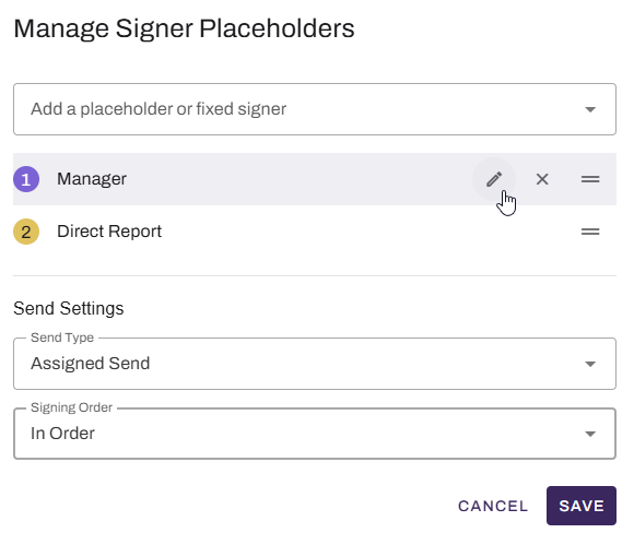 Sign template builder showing Manage Signer Placeholders modal. Sign template builder showing Manage Signer Placeholders modal.