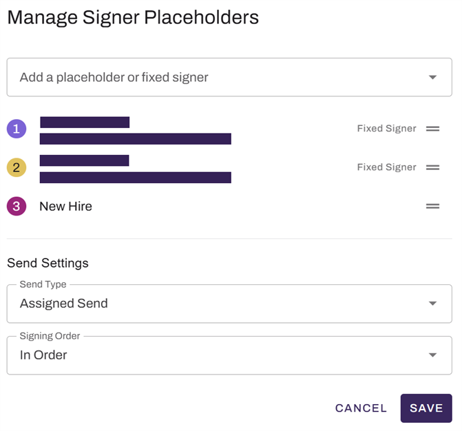 Sign template builder showing Manage Signer Placeholders modal. Sign template builder showing Manage Signer Placeholders modal.