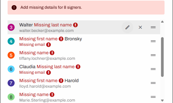Manage Signers modal showing missing details for signers. Manage Signers modal showing missing details for signers.