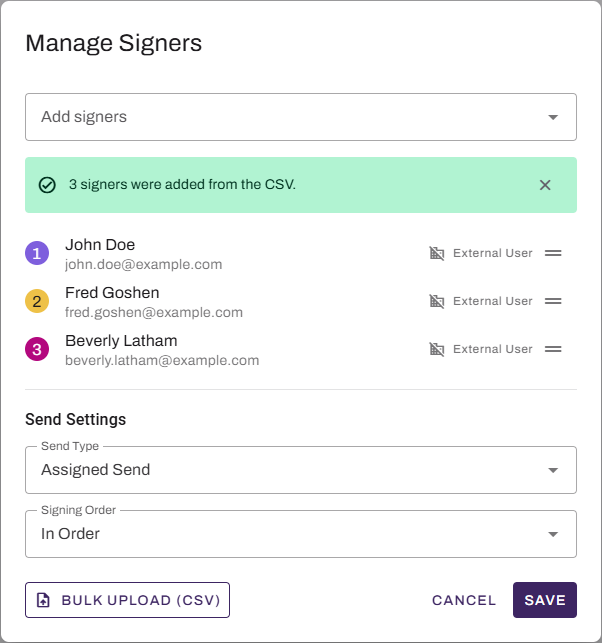 Manage Signers modal showing successful CSV upload. Manage Signers modal showing successful CSV upload.