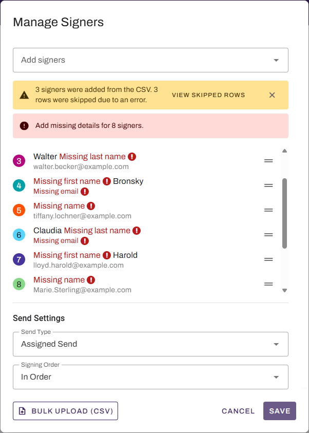Manage Signers modal showing signers added, missing details, and skipped rows. Manage Signers modal showing signers added, missing details, and skipped rows.