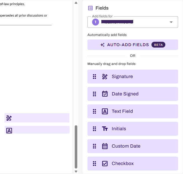 Document builder showing fields on document and Fields panel. Document builder showing fields on document and Fields panel.