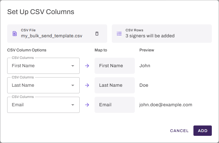 Set Up CSV Columns modal showing Column Options, "Map to," and "Preview" fields. Set Up CSV Columns modal showing Column Options, "Map to," and "Preview" fields.