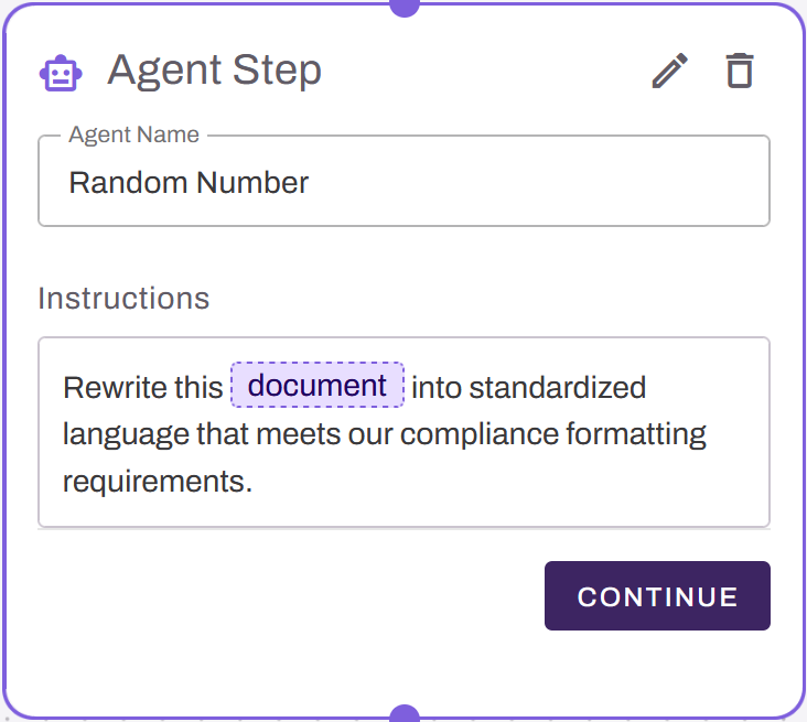 "Agent Step" modal showing the different options and fields. "Agent Step" modal showing the different options and fields.