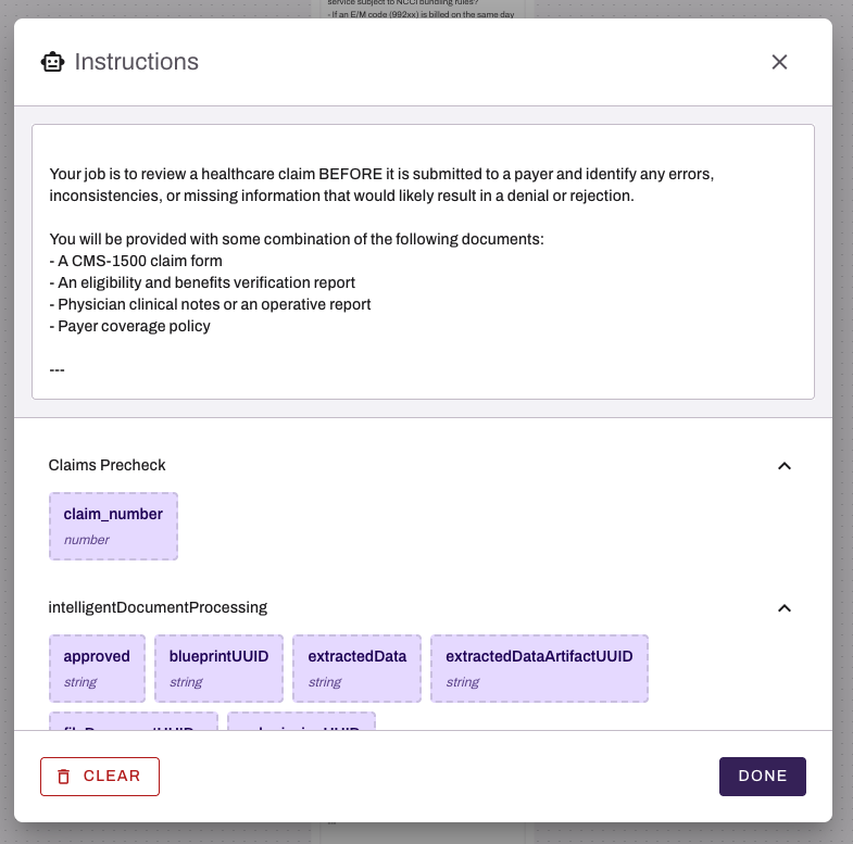 Agent "Instructions" modal, with instructions added. Agent "Instructions" modal, with instructions added.
