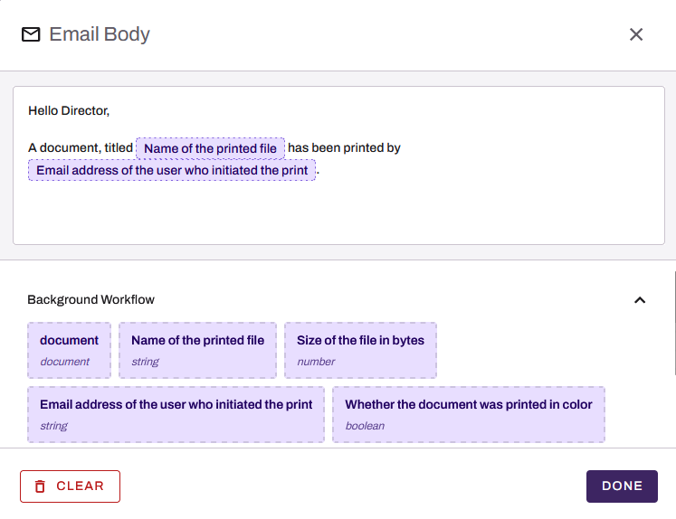 Email Body modal with message entered. Email Body modal with message entered.