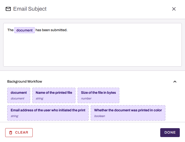 Email Subject modal with subject entered. Email Subject modal with subject entered.