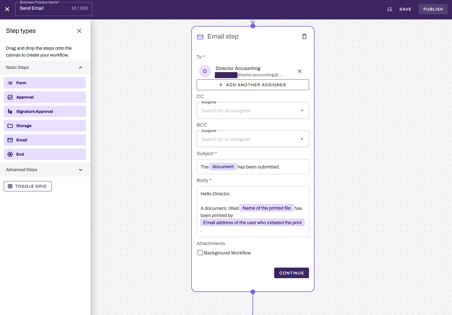 Workflow builder showing "Email step" on canvas. Workflow builder showing "Email step" on canvas.