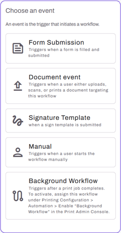 Workflow event trigger selection card. Workflow event trigger selection card.