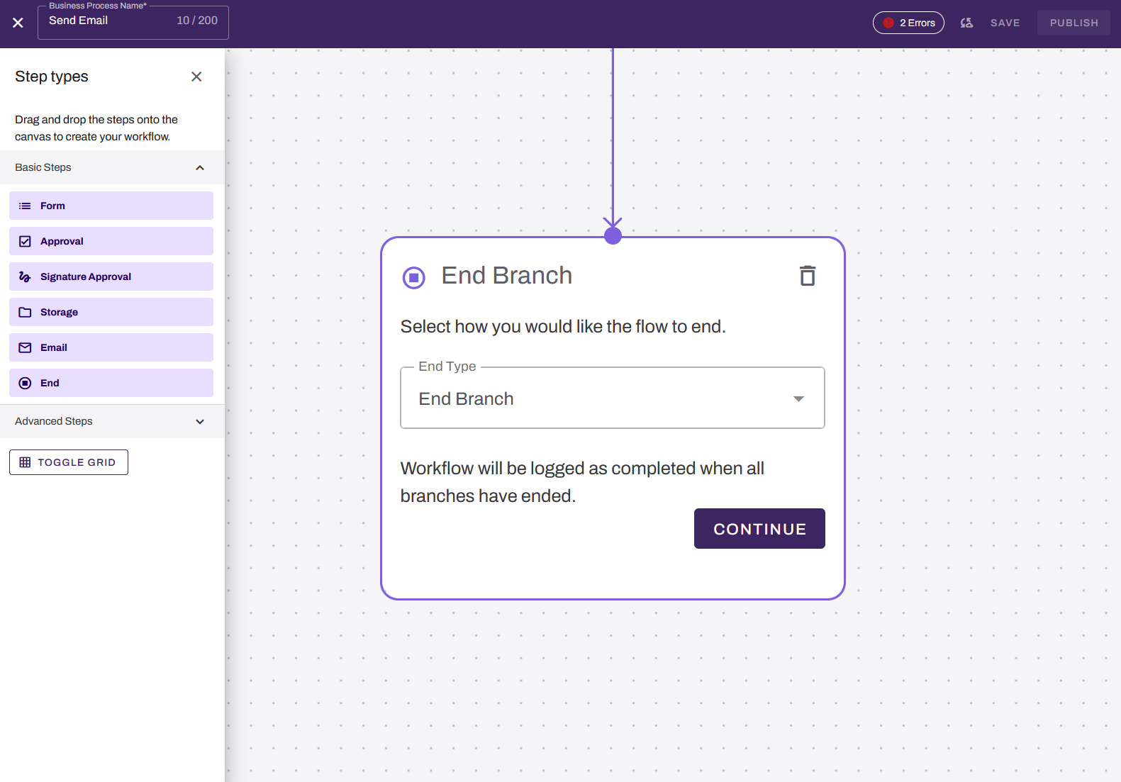 Workflow builder showing End Branch on canvas. Workflow builder showing End Branch on canvas.