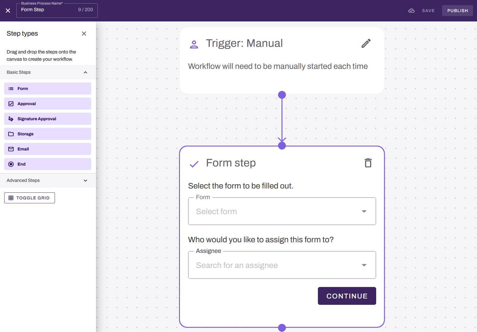 Workflow builder showing "Form step" on canvas. Workflow builder showing "Form step" on canvas.