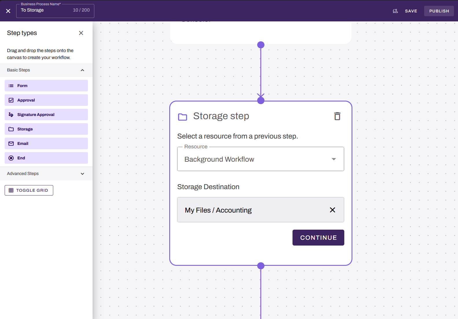 Workflow builder showing "Storage step" on canvas. Workflow builder showing "Storage step" on canvas.