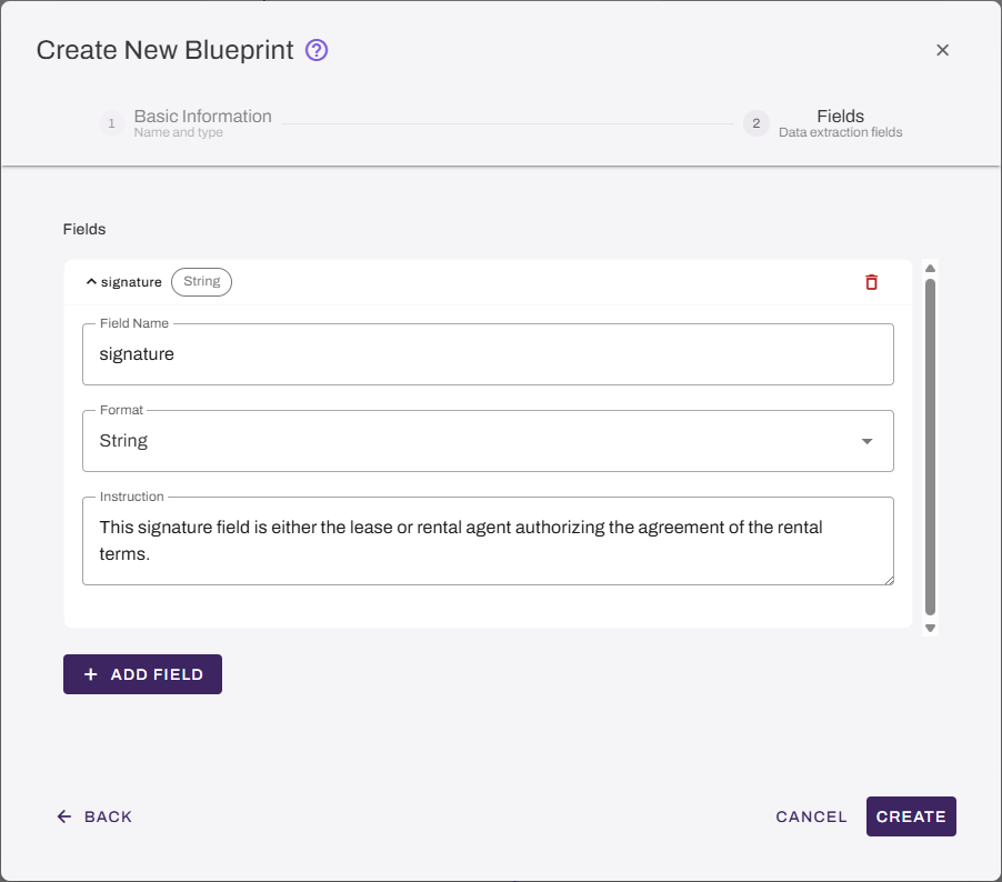"Create New Blueprint" modal with a field being configured. "Create New Blueprint" modal with a field being configured.