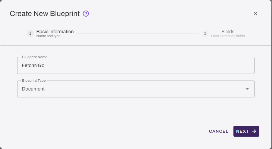 "Create New Blueprint" modal with a name entered. "Create New Blueprint" modal with a name entered.