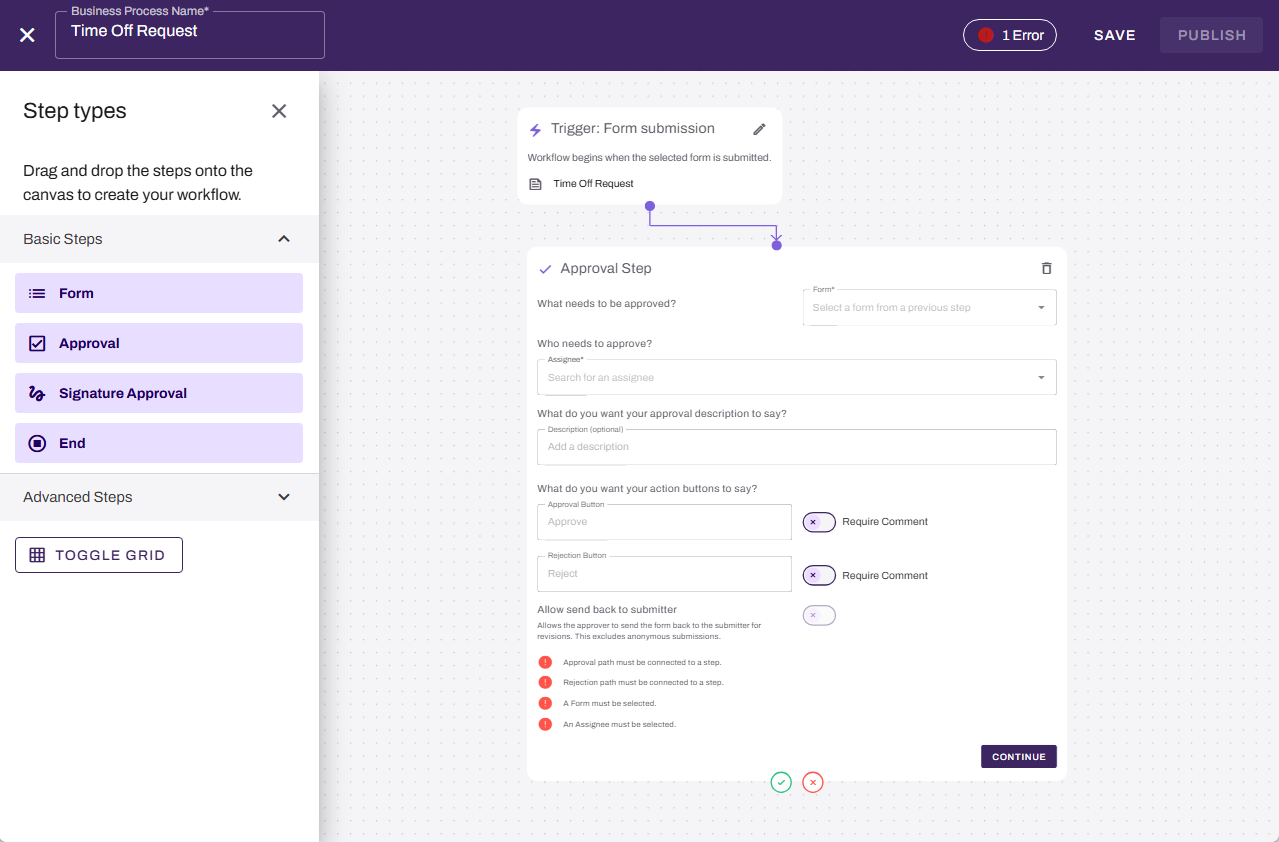 Workflow builder showing Approval Step on canvas. Workflow builder showing Approval Step on canvas.