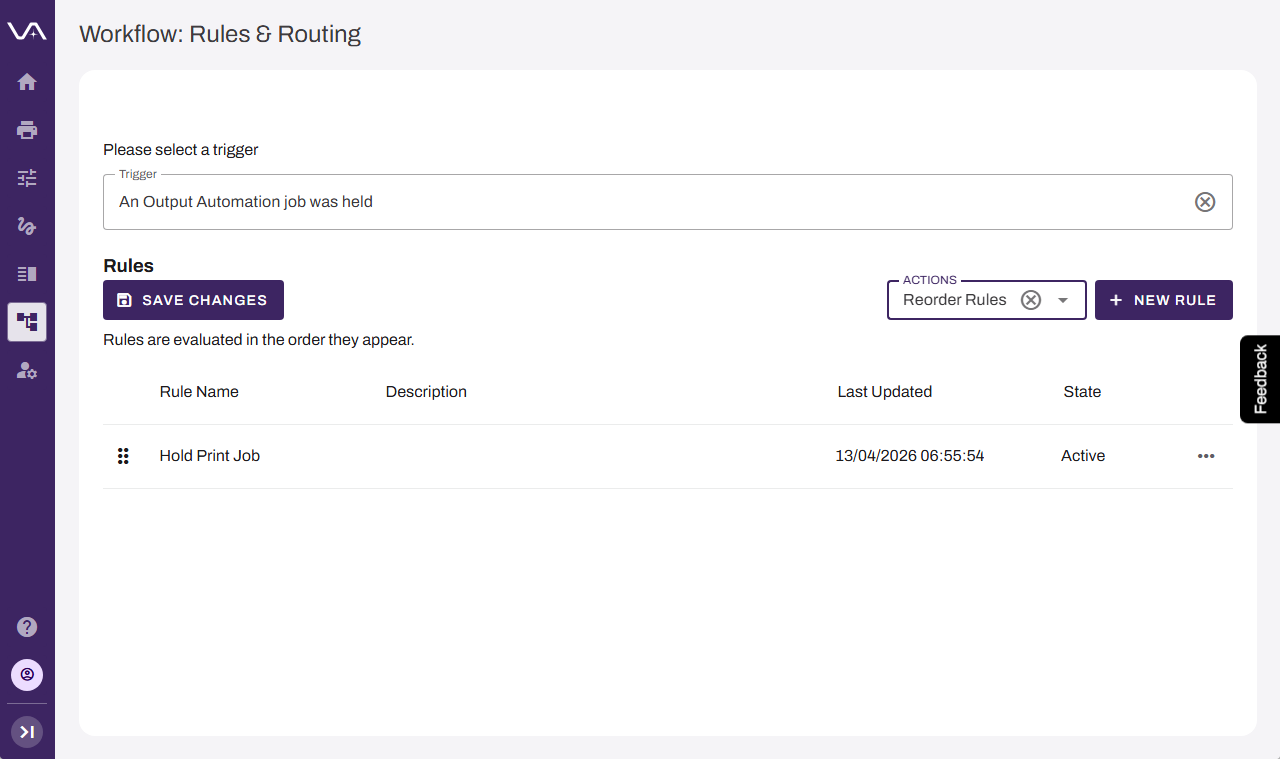 Reorder Rules option activated. "Reorder Rules" option activated and rule is showing the drag indicator icon.
