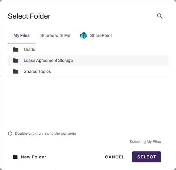 Workflow builder showing Select Folder modal. Workflow builder showing Select Folder modal.